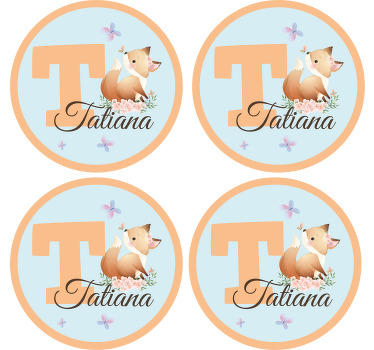 Bases para copos personalizáveis Animais fofos raposa com nome - TenStickers