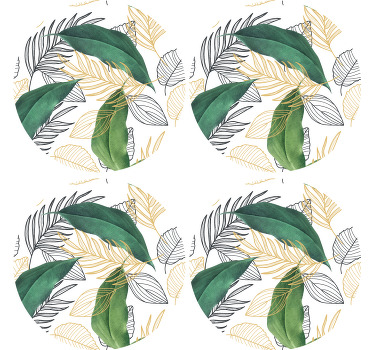 Posavasos moderno Elegantes hojas verdes y doradas - TenVinilo