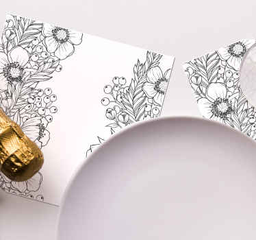 Posavasos moderno Diferentes flores negras sobre blanco - TenVinilo