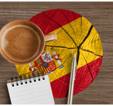 base para copos de textura de bandeira espanhola. Bandeira da espanha e efeito de madeira texturizada e madeira de crack. Forma de círculo. Inscreva-se com 10% de desconto! Obtenha agora e divirta-se!