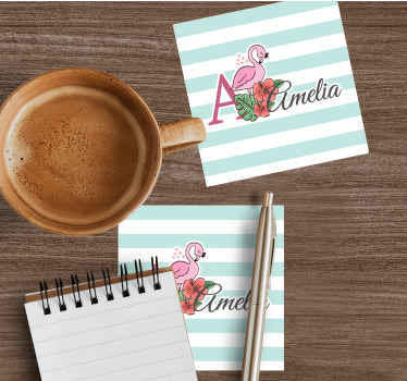 Cute animals flamingo with name coasters - TenStickers