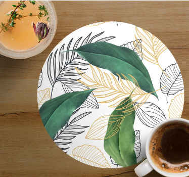 Posavasos moderno Elegantes hojas verdes y doradas - TenVinilo