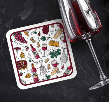 葡萄、葡萄酒和奶酪图案复古杯垫 - TenStickers