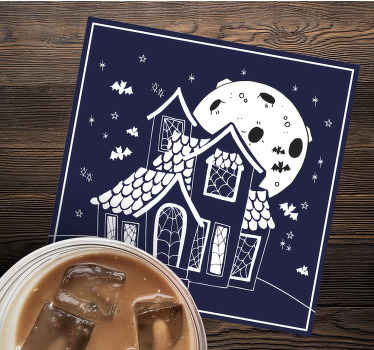 Posavasos Halloween Casa embrujada con fondo azul - TenVinilo