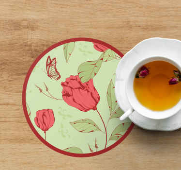 Patrón de tulipanes rojos sobre verde más posavasos - TenVinilo