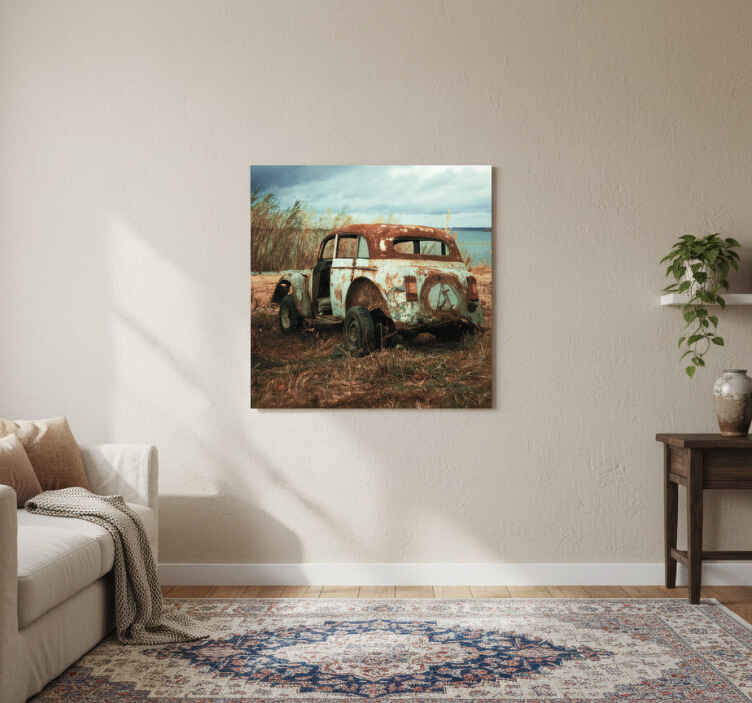 Poster salón coche viejo y sucio en el campo - TenVinilo