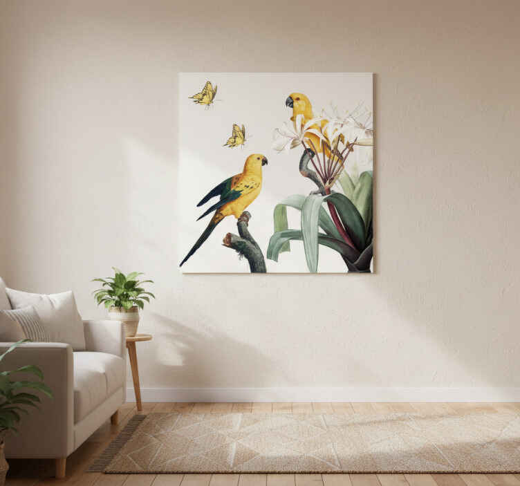 Living room poster of parrots with yellow flowers - TenStickers