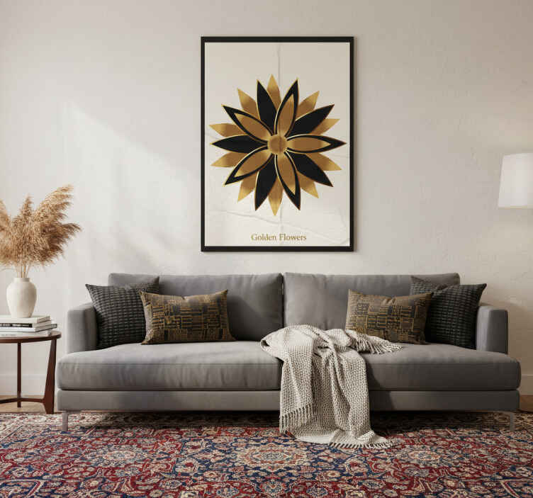 Living room poster golden flowers artwork - TenStickers