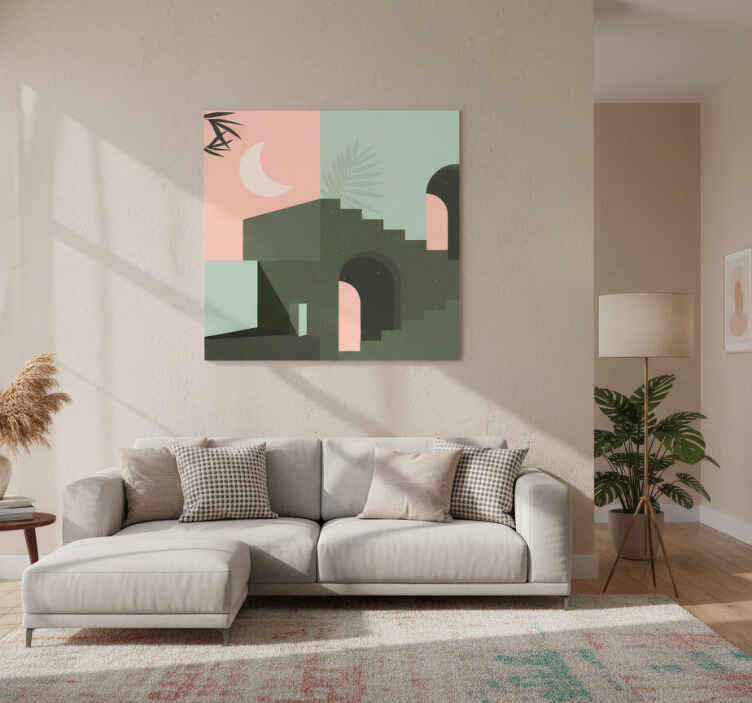 Living room poster featuring pink and turquoise art - TenStickers