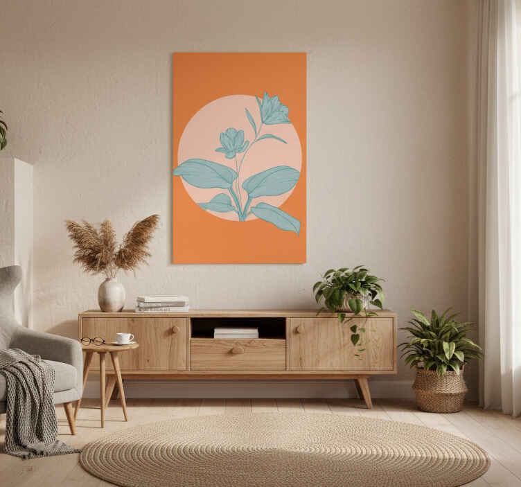 Living room poster blue flowers on orange shapes - TenStickers