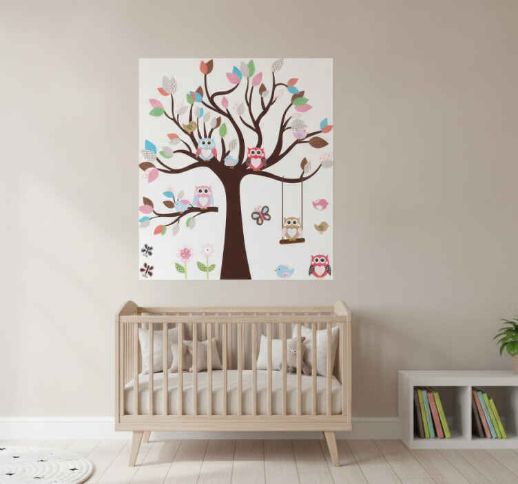 Poster árboles vinilo infantil búhos en el árbol - TenVinilo