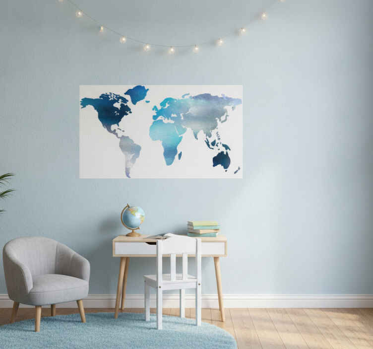 Poster do mapa mundial em vinil aquarela azul - TenStickers