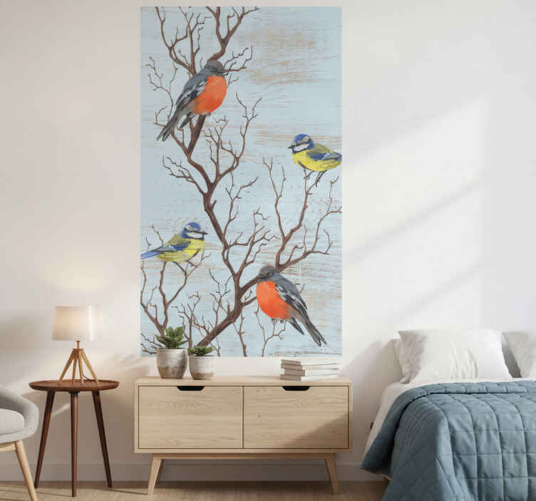 Poster vintage árboles azules con pájaros - TenVinilo