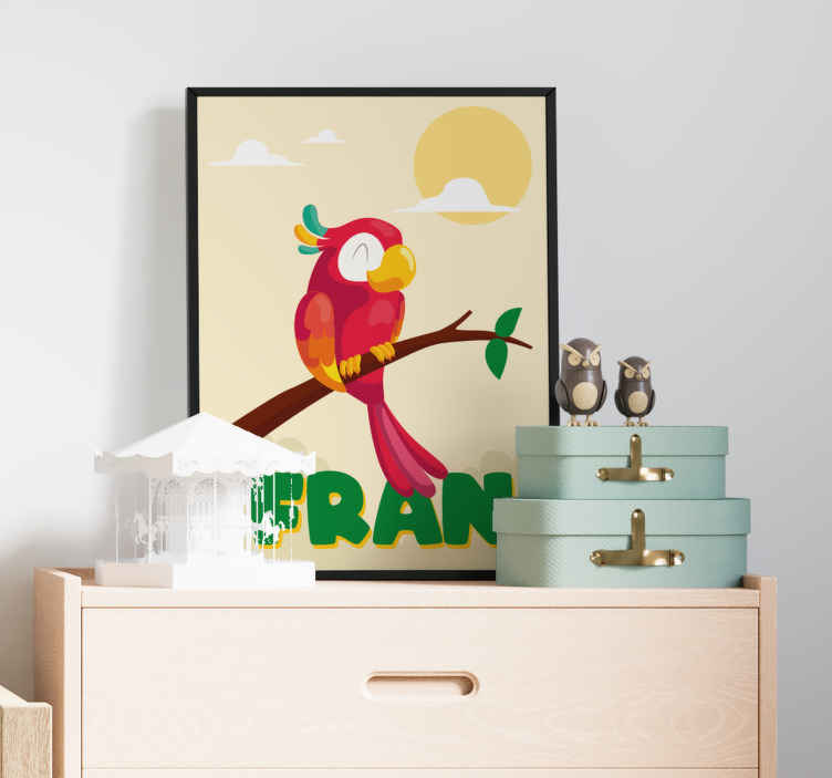 Rode papegaai met naam poster kinderkamer