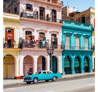 Living room poster of blue and pink street scene - TenStickers