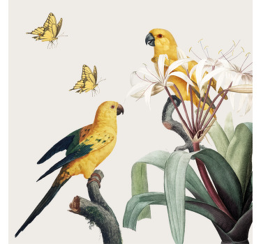 Oturma odası afişi sarı çiçekli ve kelebekli papağanlar - TenStickers
