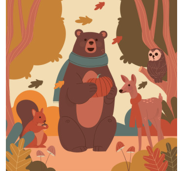 Poster cameretta animali felici nel bosco autunnale - TenStickers