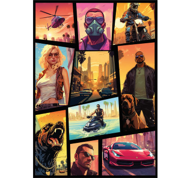 青少年卧室的宣传画 这个文字冒险和动作拼贴被翻译成中文。一位勇敢的冒险家正在探索一个神秘的山谷。他正在寻找一个传说中的宝藏。他跳过 - TenStickers