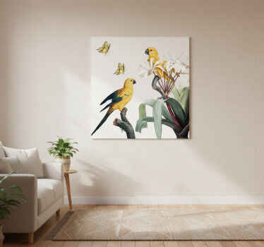 Oturma odası afişi sarı çiçekli ve kelebekli papağanlar - TenStickers