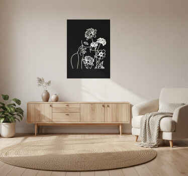 Oturma odası afişi kadın ve ayçiçekleri minimalist tasarım - TenStickers