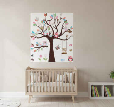 Poster árboles vinilo infantil búhos en el árbol - TenVinilo