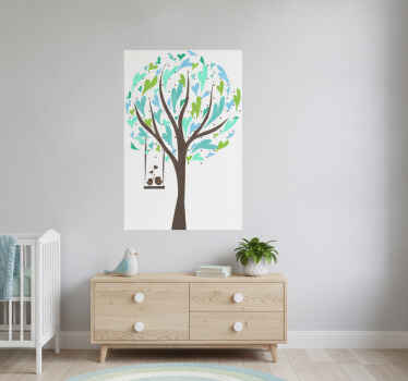 Poster árboles vinilo infantil pájaros en columpio - TenVinilo