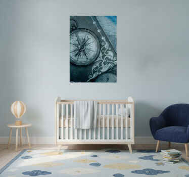 Poster mapamundi brújula antigua sobre fondo azul - TenVinilo