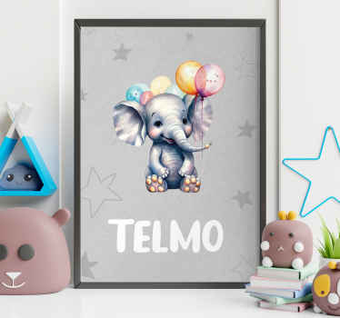 Poster bebê elefante com balões e nome - TenStickers