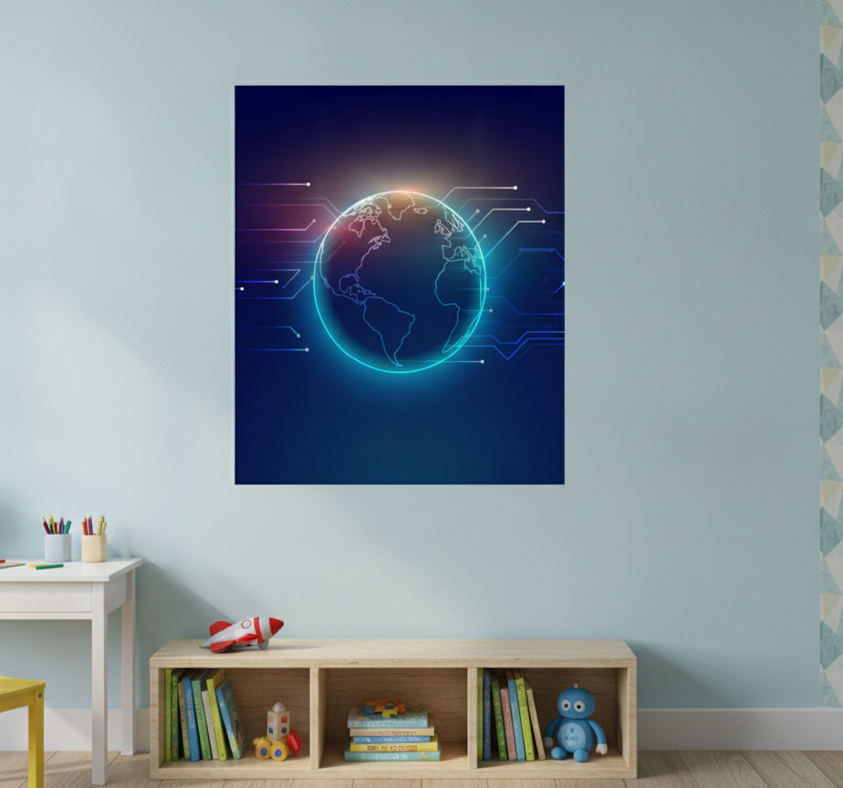 Tenstickers Wereldkaart poster geometrische telecommunicatiekaart