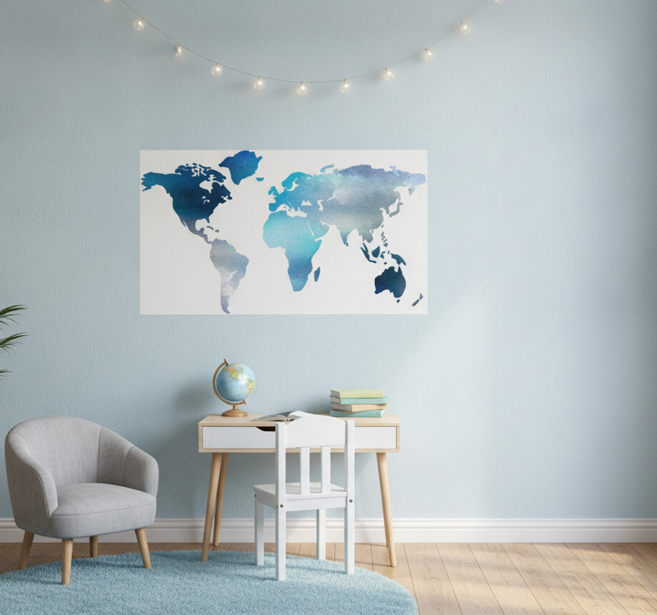 Tenstickers Wereldkaart poster wandkaart aquarel in blauwe tinten