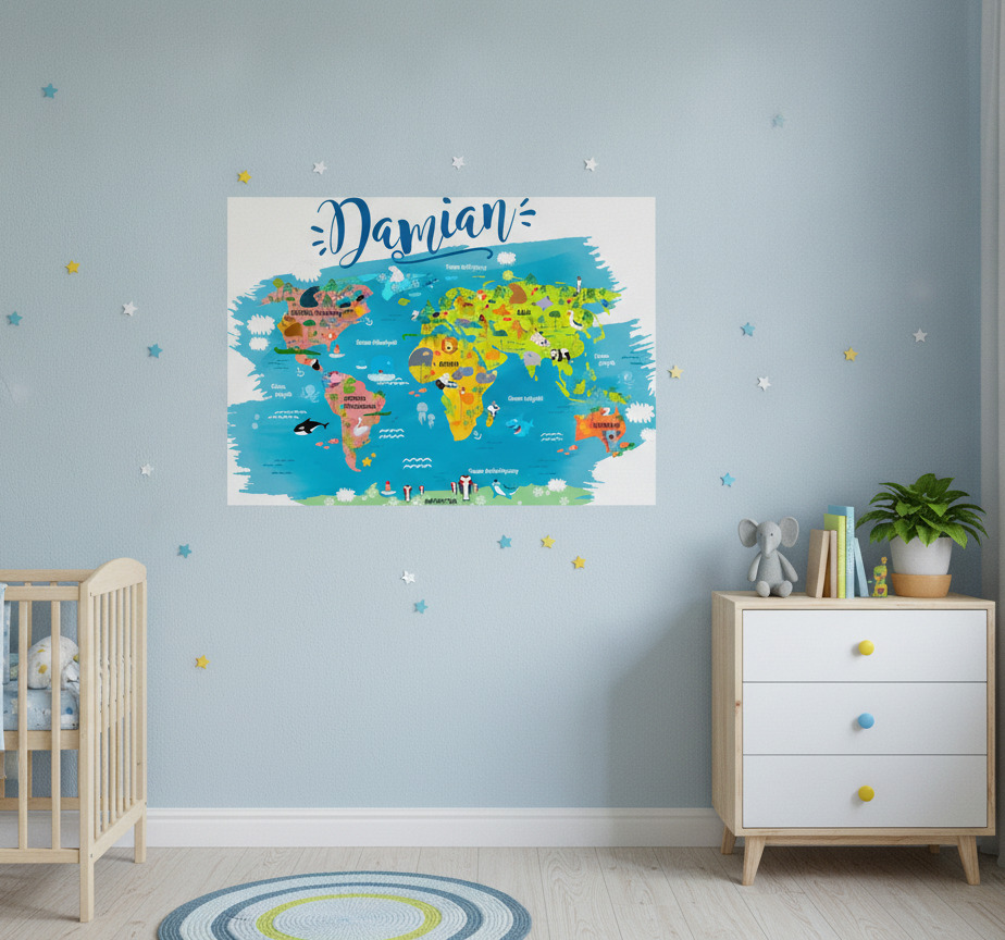 Tenstickers Wereldkaart poster dierenkaart met poolse namen