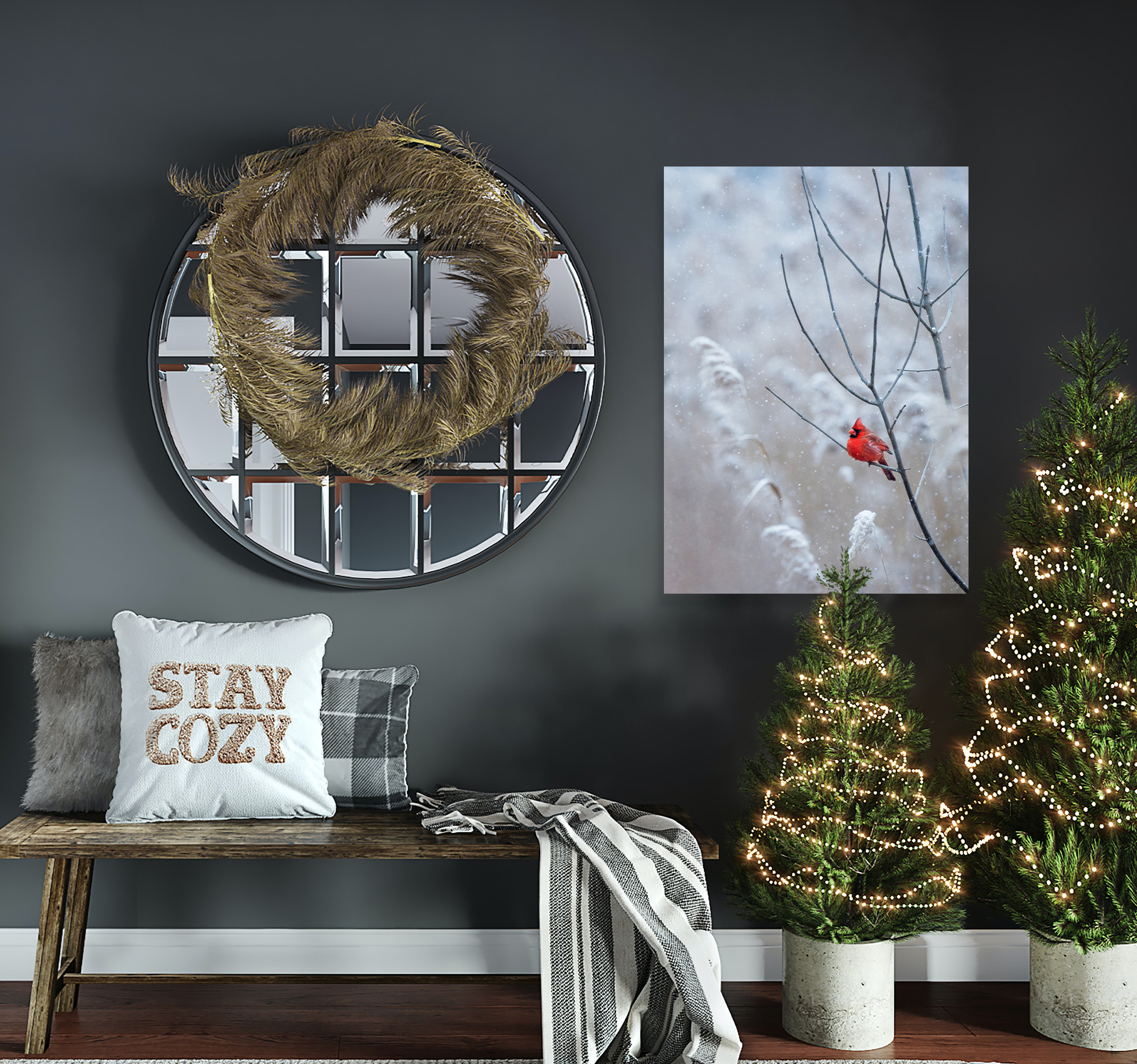 Póster paisaje nevado pájaro de navidad