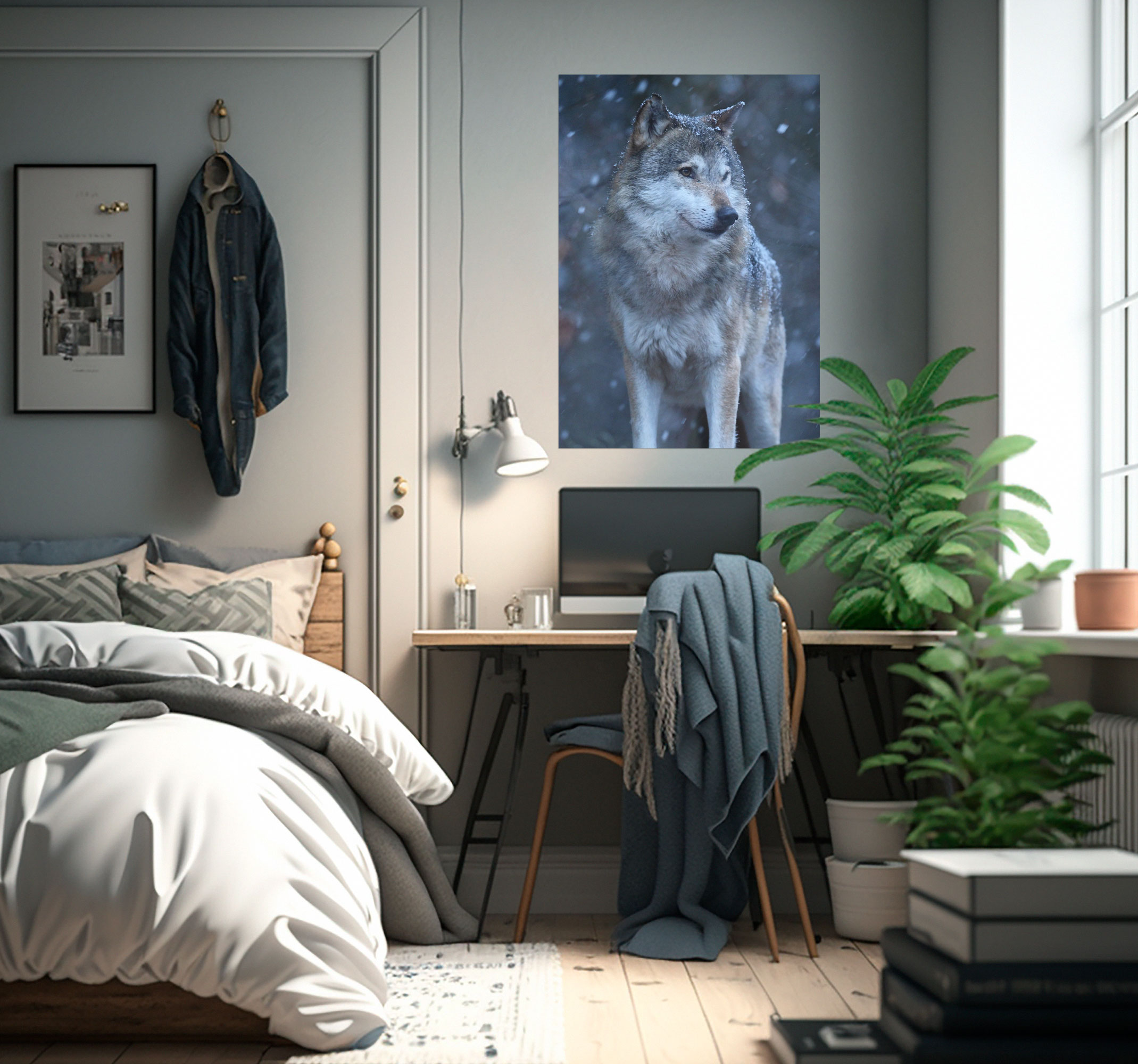 Póster juvenil lobo en la nieve