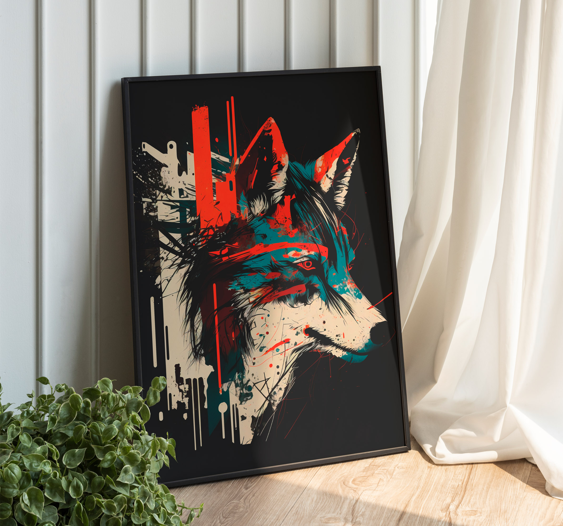 Póster abstracto grafiti lobo rojo y azul