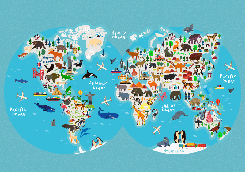 Autocollant décoration carte du monde animaux - TenStickers
