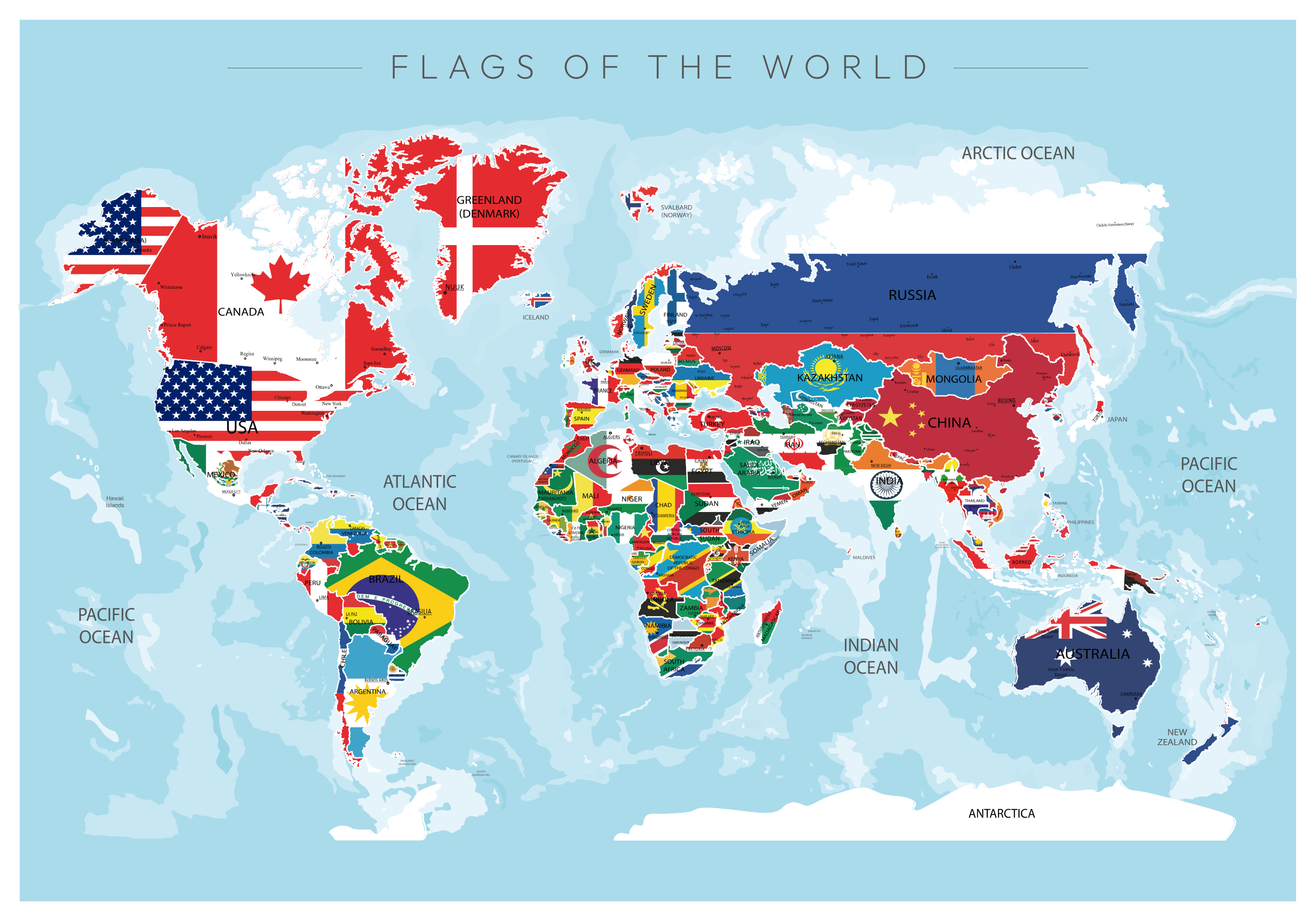 Poster 3d carte du monde avec les drapeaux du monde a soulevé