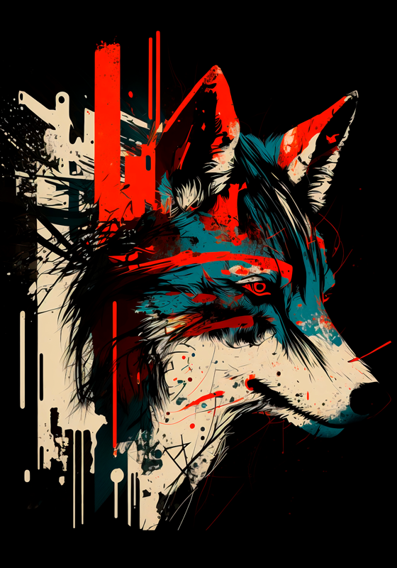 Póster abstracto grafiti lobo rojo y azul - TenVinilo