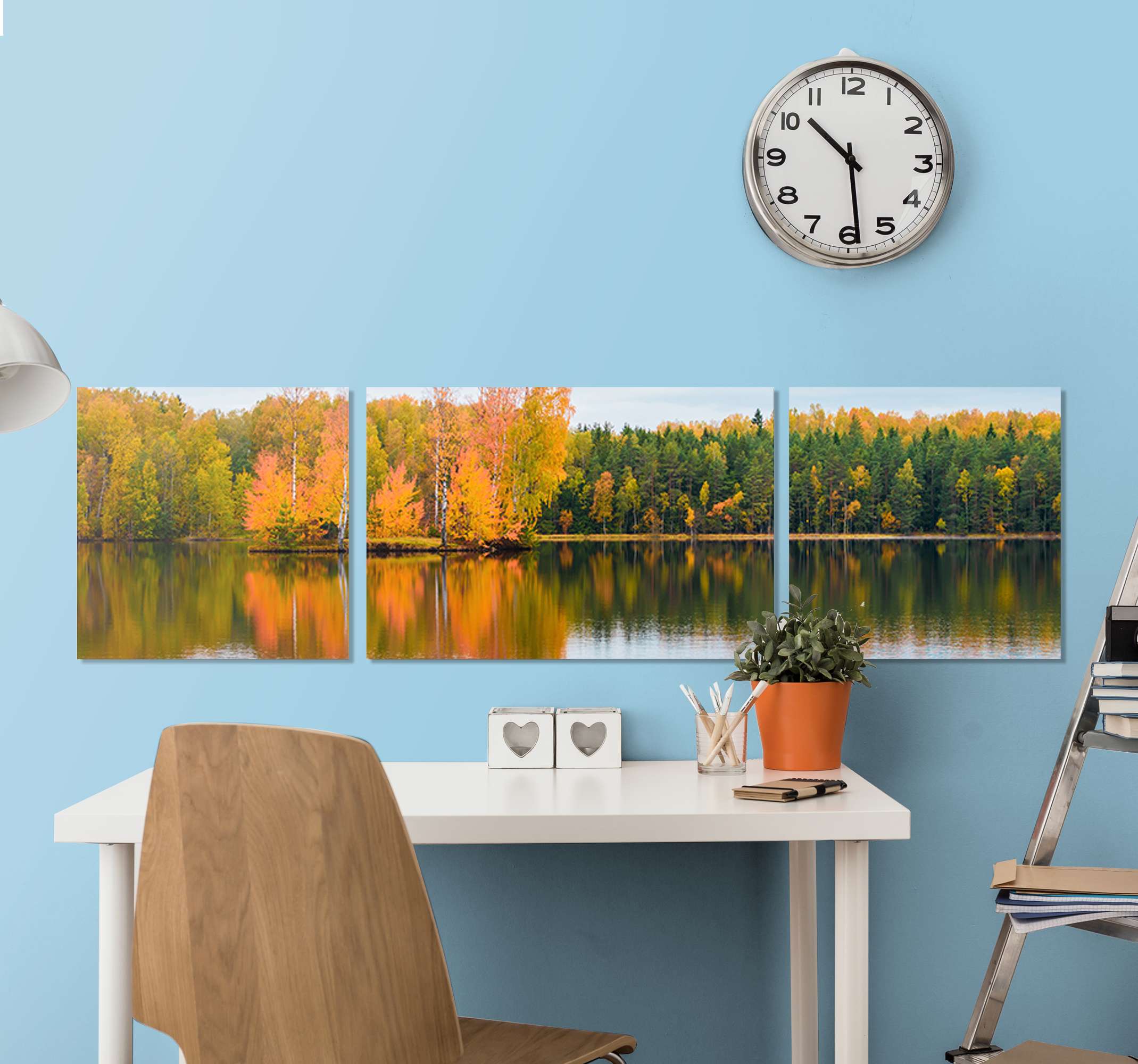 Paisagem de outono com lago na tela TenStickers. Paisagem de outono com lago na tela. Uma bela Vinil decorativode lona de paisagem com árvores de outono e um lago para deixar todos maravilhados quando entram em sua casa. Produto de alta qualidade!