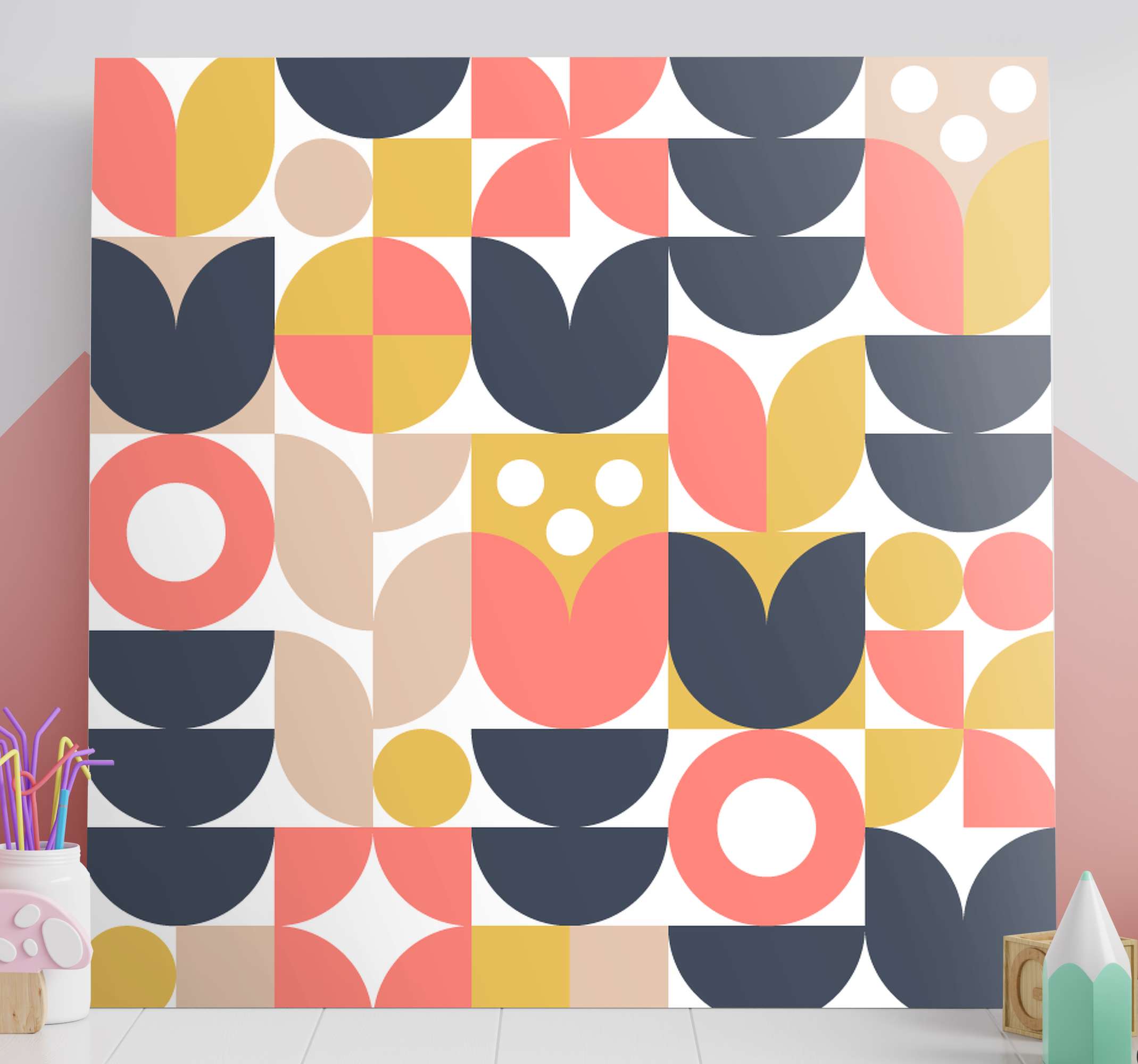 Quadro Decorativo nórdico Nórdico geométrico TenStickers. Quadro Decorativo nórdico Nórdico geométrico. Impressão em tela geométrica que apresenta um padrão abstrato impressionante de formas únicas, incluindo círculos, semicírculos e quadrados.