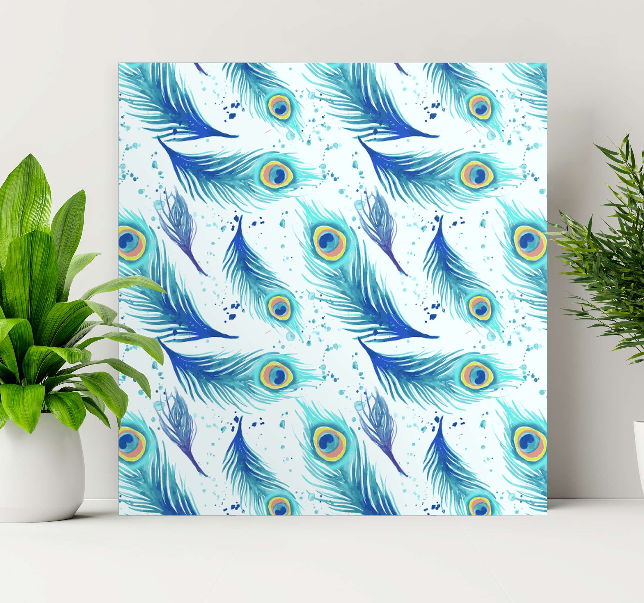 Blue Feather Pair on Silver | Large Solid-Faced Canvas Wall Art Print | Great Big Canvas