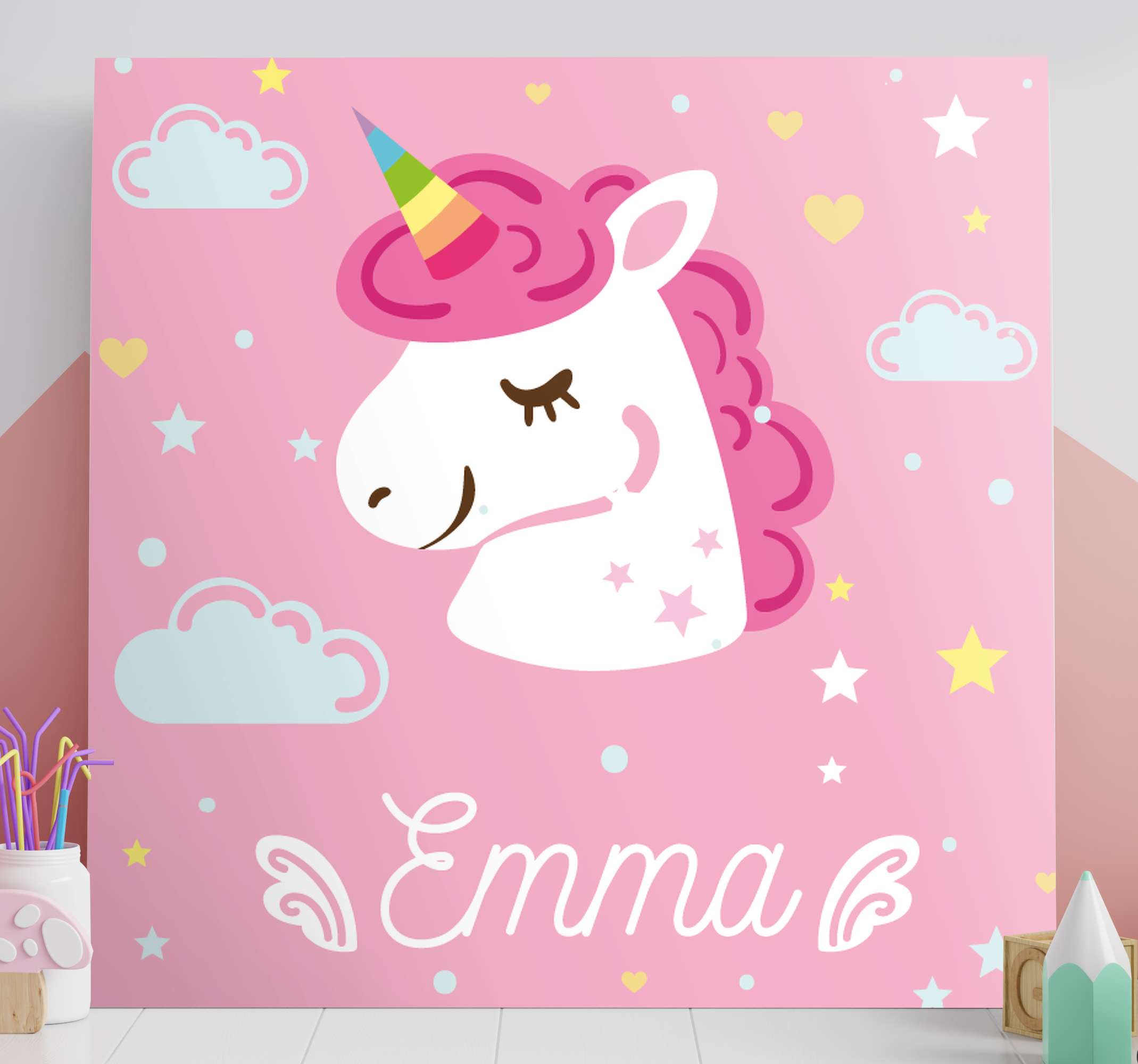 Pink unicorns with name unicorn canvas wall art
