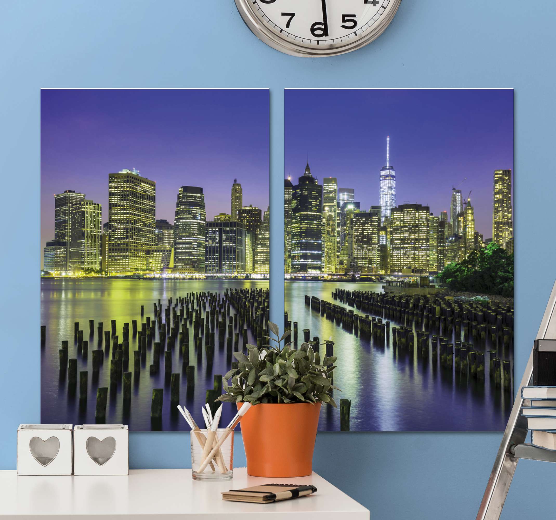 Quartos Decorativo de cidades Horizonte de manhattan TenStickers. Quartos Decorativo de cidades Horizonte de manhattan. Impressões em canvas manhattan city skyline city para embelezar sua casa com um visual moderno e luxuoso. Duas telas com vista em 3d de manhattan city à noite.