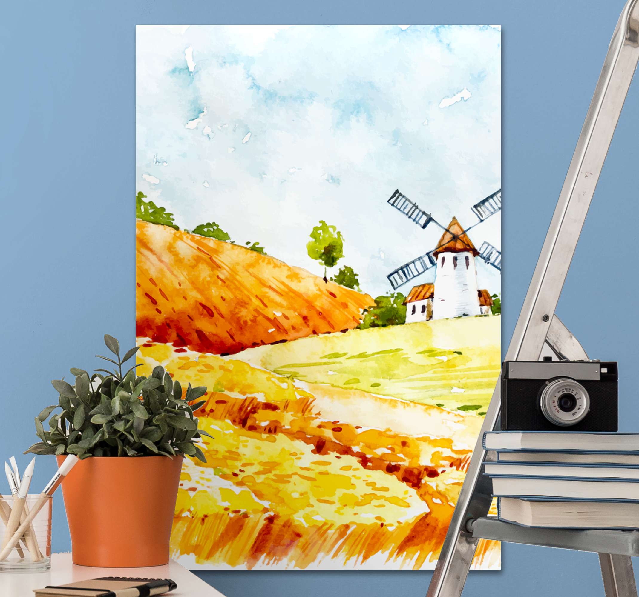 Quadro para sala Moinhos de vento TenStickers. Quadro para sala Moinhos de vento. Dê ao seu espaço um toque de diferença com nossa tela de parede original. Esta tela ilustra uma paisagem aberta com um moinho de vento.