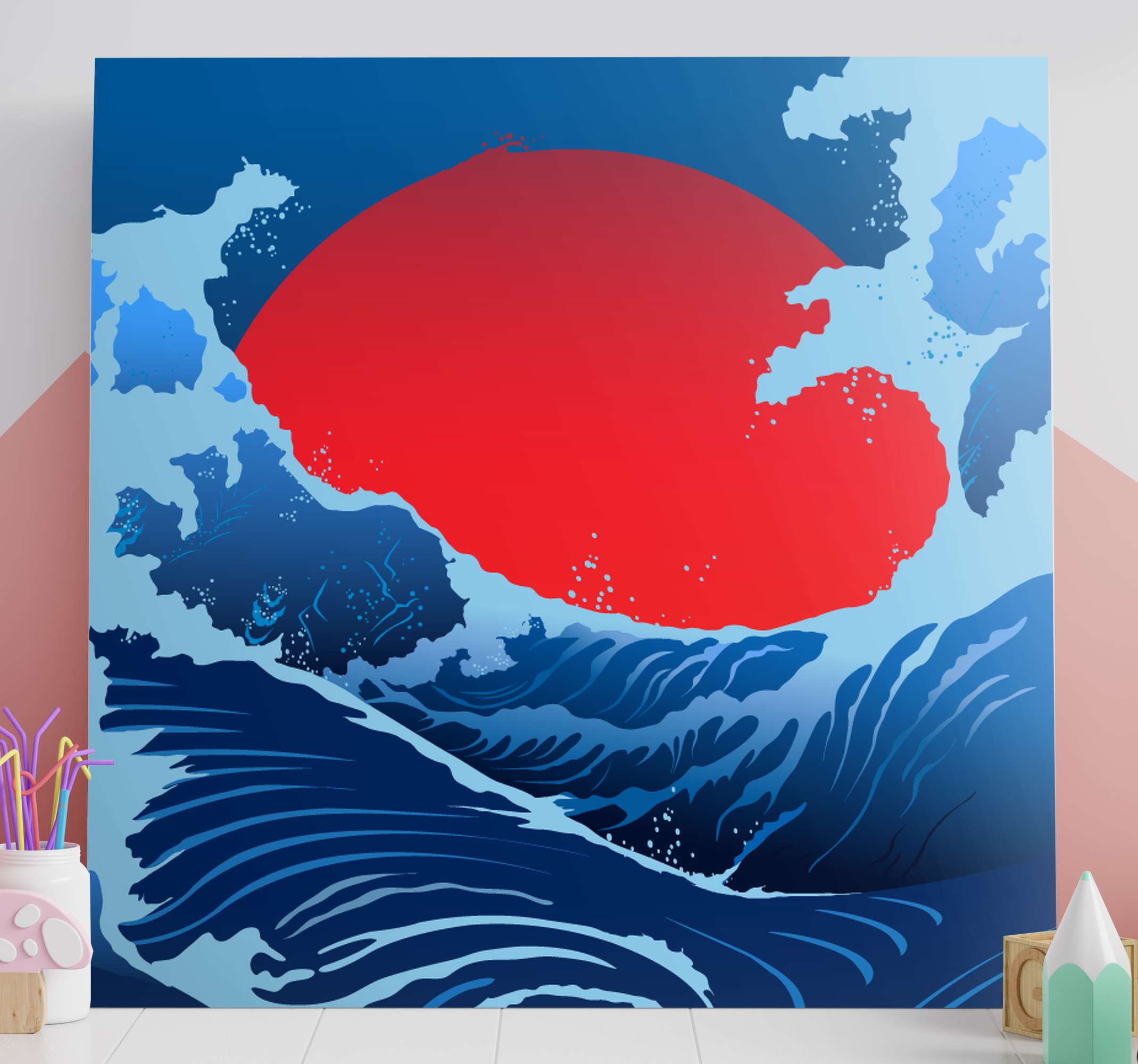 Quadro com paisage Nascer do sol do oceano TenStickers. Quadro com paisage Nascer do sol do oceano. Impressão em tela de paisagem com a ilustração de um mar com grandes ondas e um grande sol no fundo representando um lindo nascer do sol.