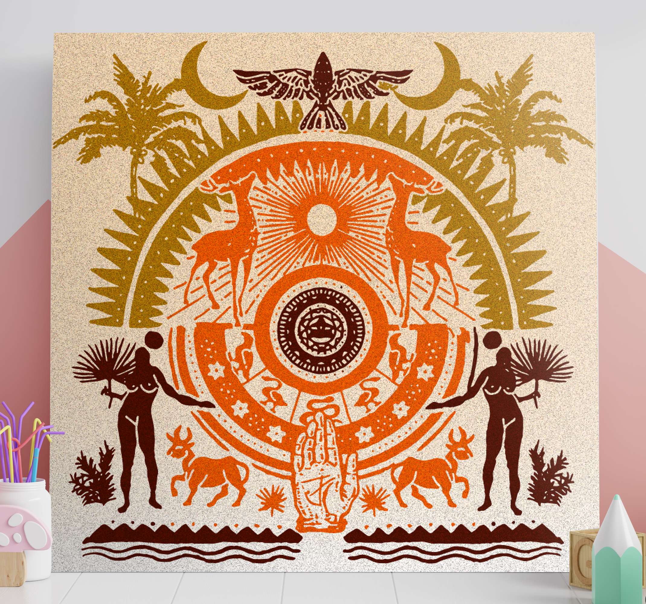 Quadro Decorativo de arte O mundo dentro de nós TenStickers. Quadro Decorativo de arte O mundo dentro de nós. Impressão em tela com um desenho que representa a espiritualidade através do simbolismo e dos animais nas cores laranja e amarelo para encher sua casa de uma energia maravilhosa.