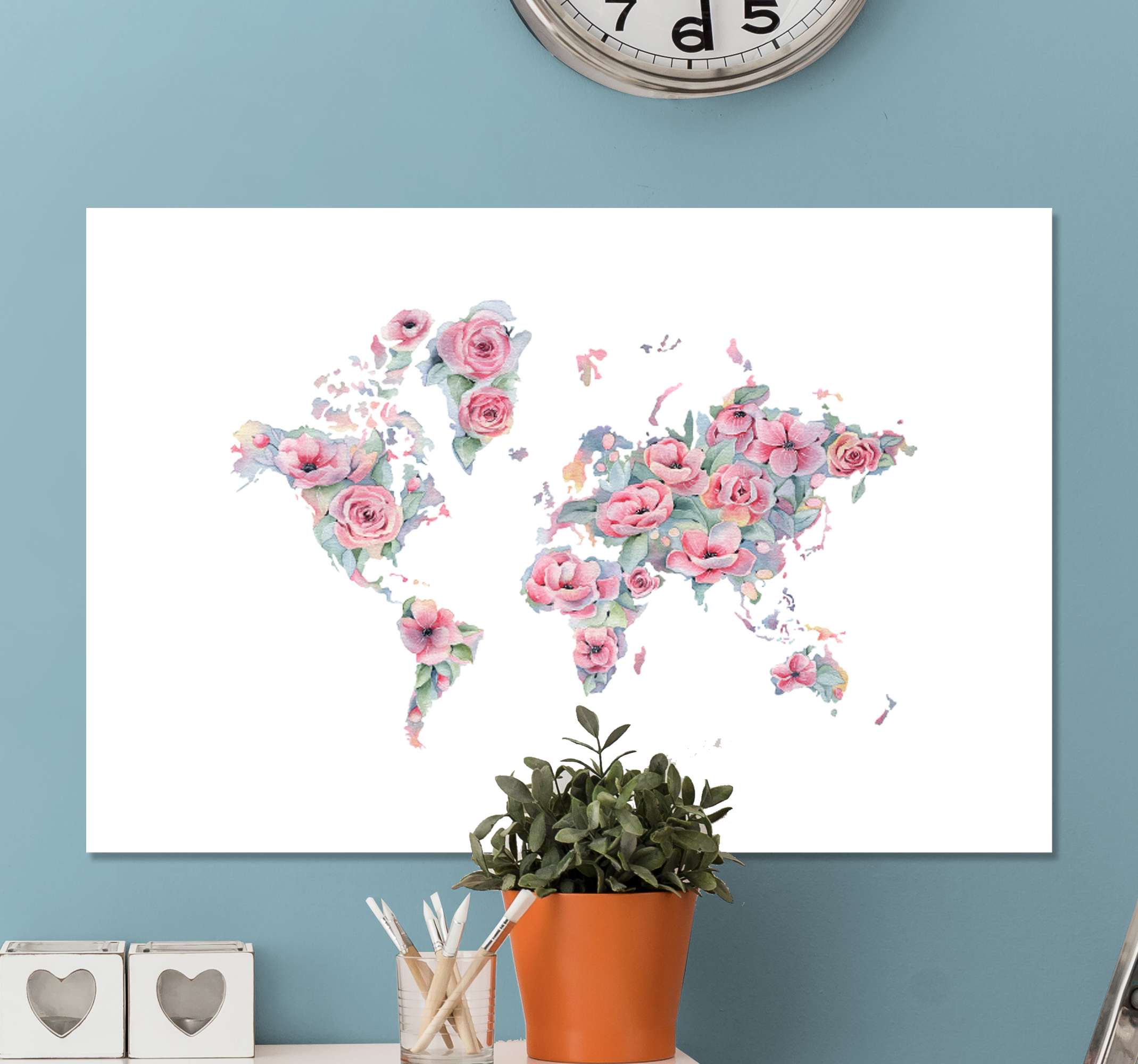 Tablero de mapa del mundo con pasadores para marcar el viaje mundial, hecho  a mano en Ohio, EE. UU. - Diseño: salpicaduras de color rosa