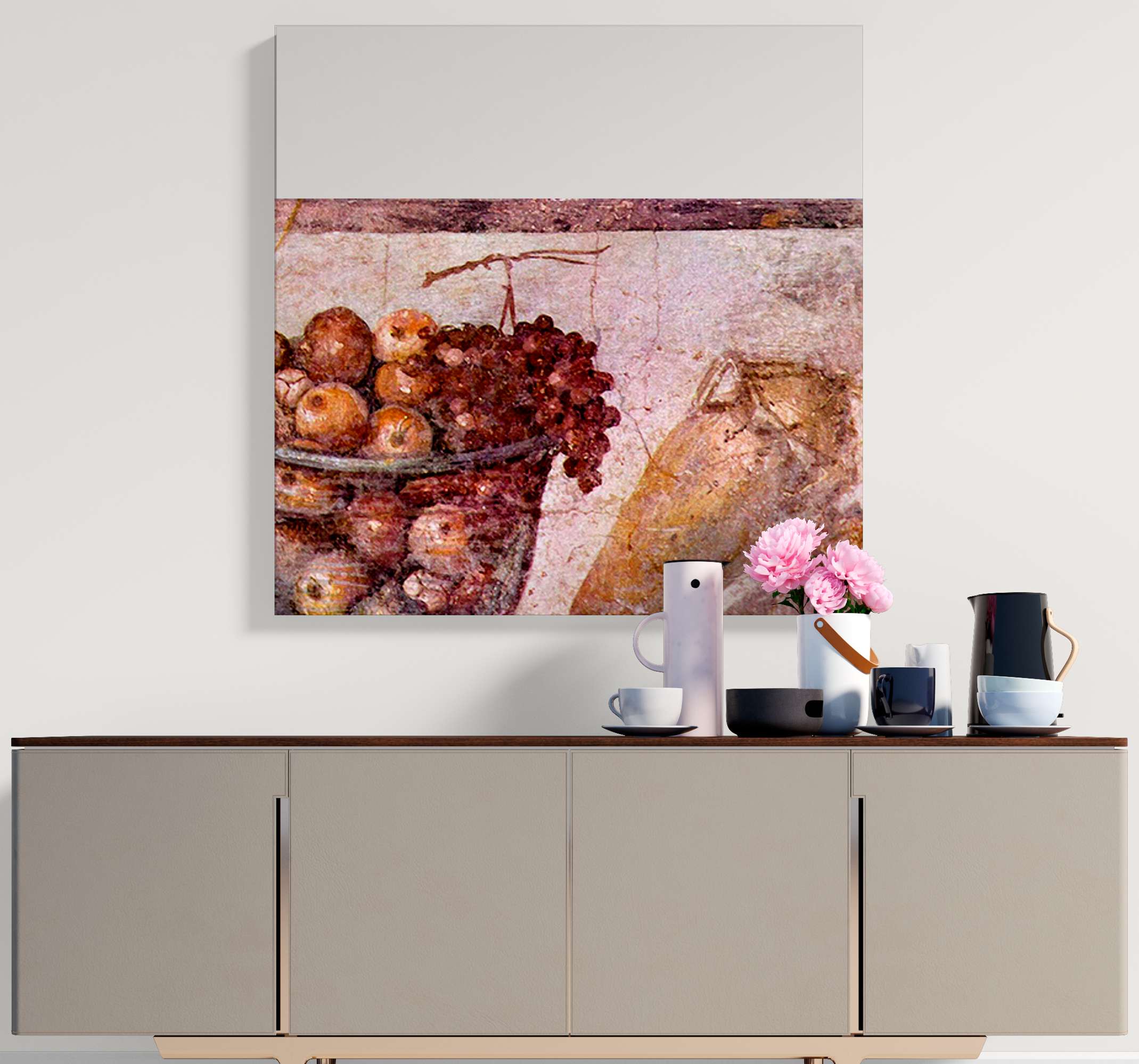 TenStickers. Quadro Decorativo de vinícola Frutas vermelhas na tigela de vidro. Vinil decorativode lona colorida de frutas perfeita para embelezar sua casa com uma aparência e aura brilhantes. Você vai se sentir muito orgulhoso de receber esta arte em tela de frutas.