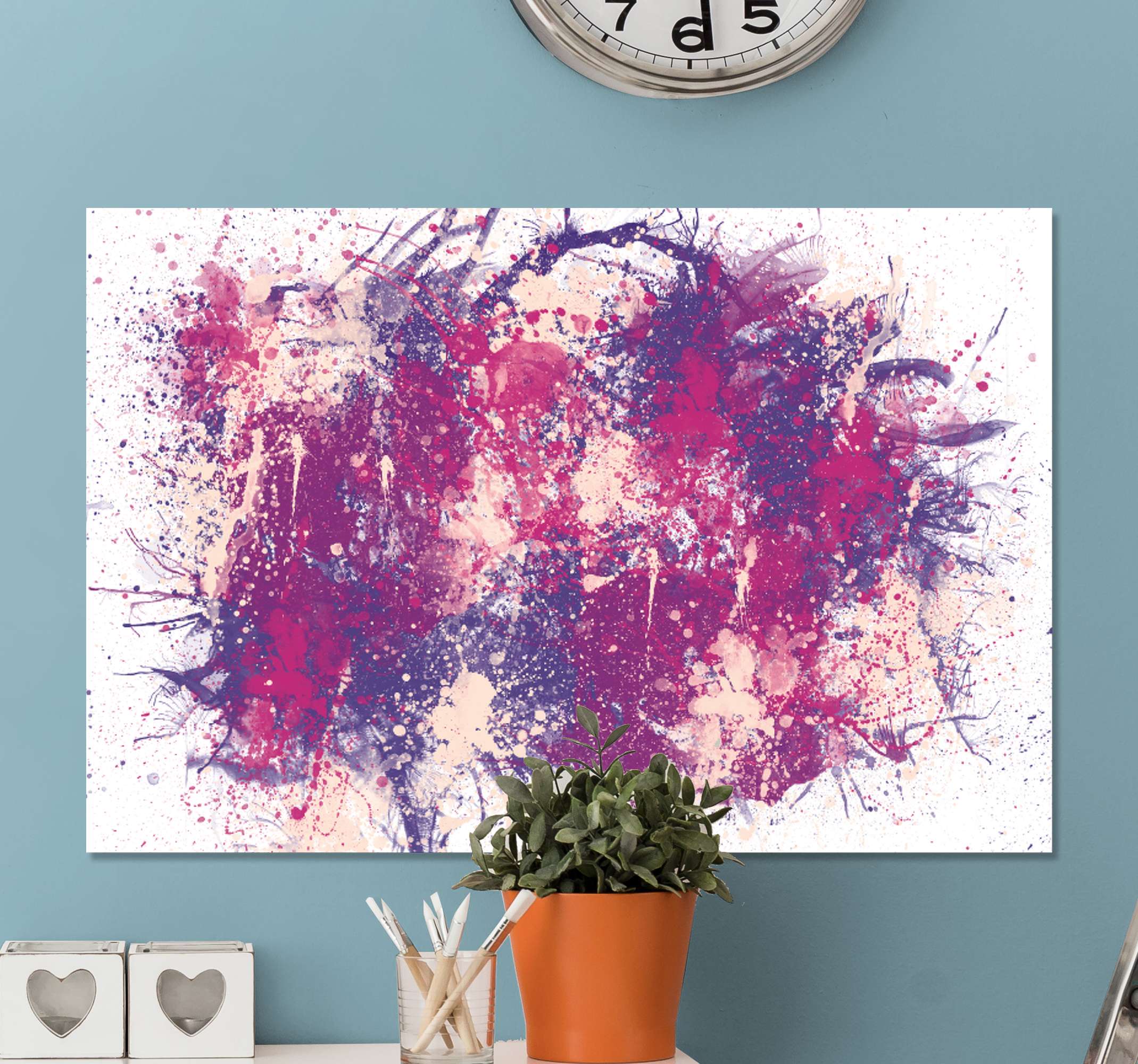 Quadro Decorativo de arte Respingo manchado TenStickers. Quadro Decorativo de arte Respingo manchado. Impressões de arte em tela de respingo manchado. Fundo branco com riscas violentas nas cores roxo escuro e rosa.. Compre agora com frete imediato!