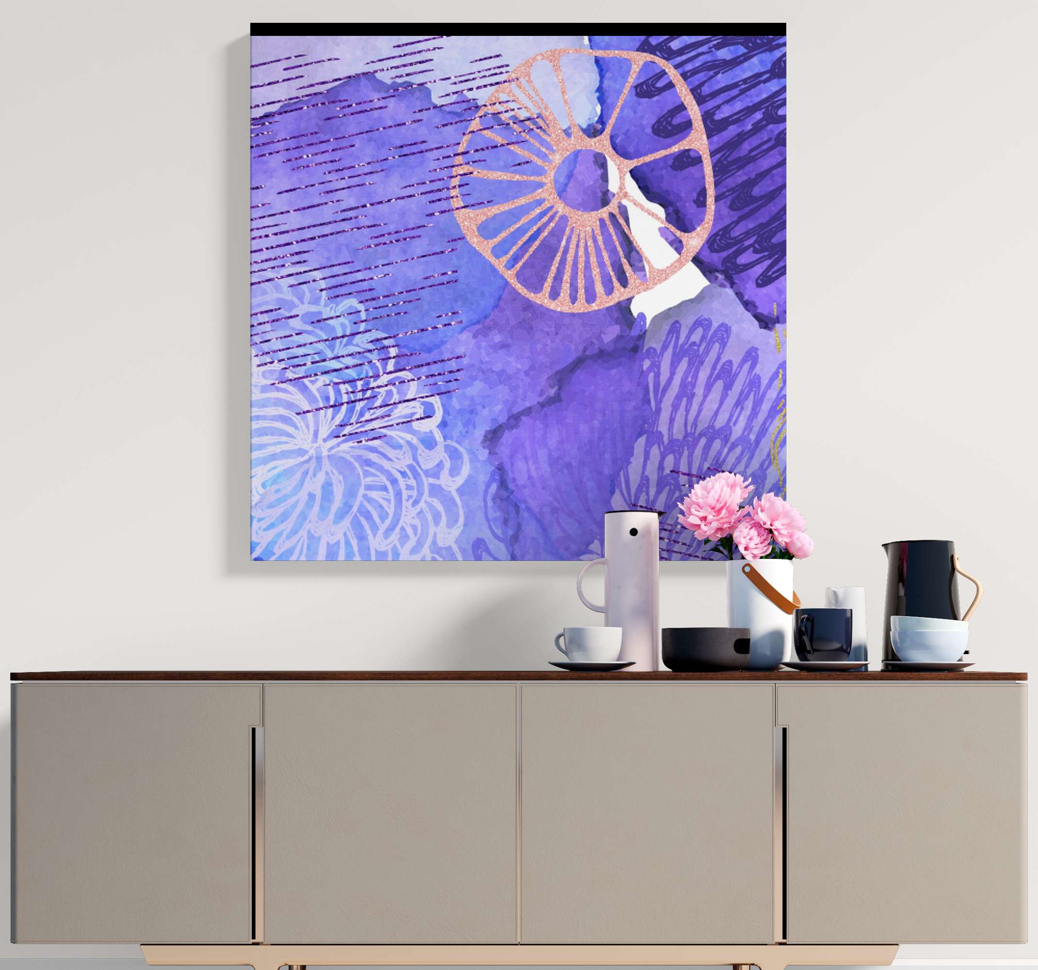 Quadro Decorativo de arte Respingo de flor TenStickers. Quadro Decorativo de arte Respingo de flor. Impressões de arte em tela com respingo de flores. Cores roxas e motivos florais abstratos. Decore suas paredes. Obtenha com envio imediato!