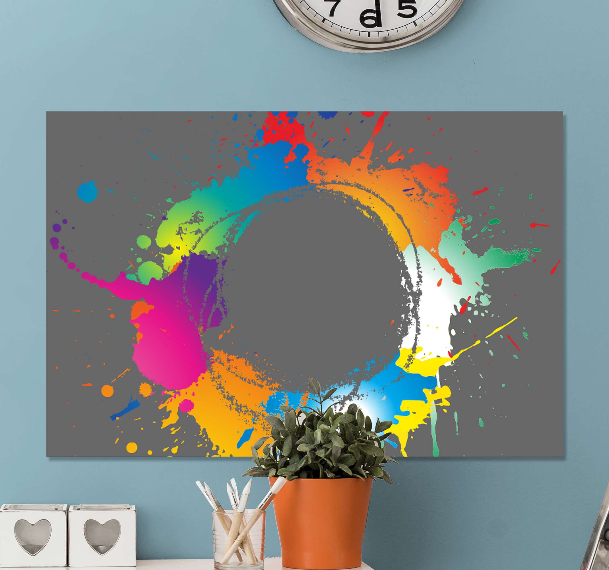 Quadro Decorativo abstrato Respingo abstrato TenStickers. Quadro Decorativo abstrato Respingo abstrato. Respingo abstrato arte da parede da lona abstrata. Fundo cinza com círculo vazio de tinta em cores diferentes. Decore suas paredes. Obtê-lo agora!